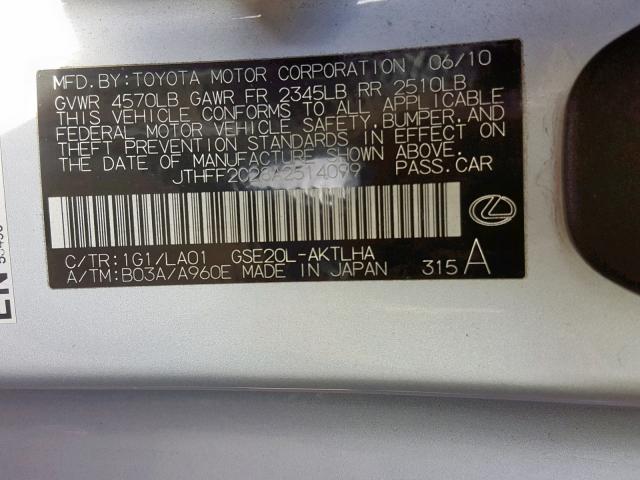 JTHFF2C28A2514099 - 2010 LEXUS IS 250 SILVER photo 10