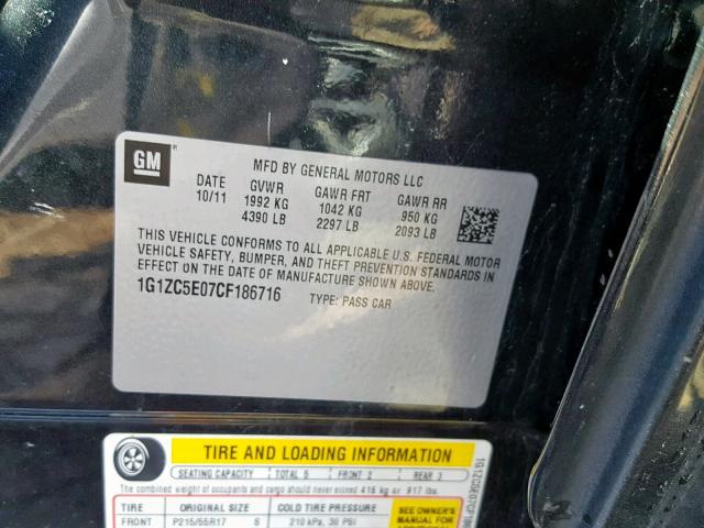 1G1ZC5E07CF186716 - 2012 CHEVROLET MALIBU 1LT 黑色 照片 10