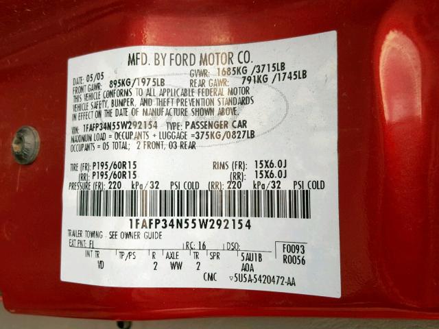 1FAFP34N55W292154 - 2005 FORD FOCUS ZX4 RED photo 10