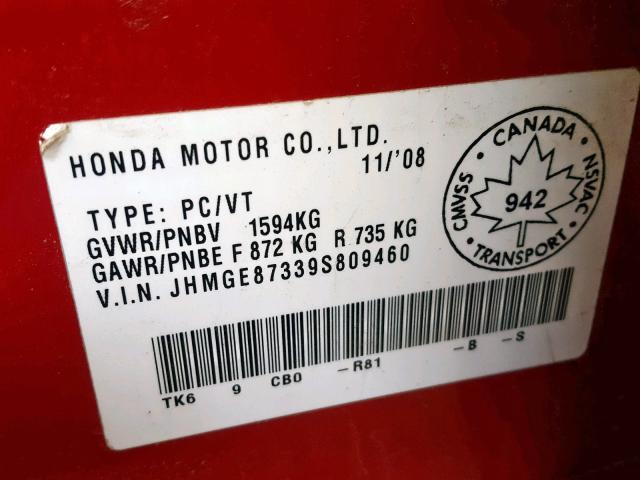 JHMGE87339S809460 - 2009 HONDA FIT DX-A RED photo 10