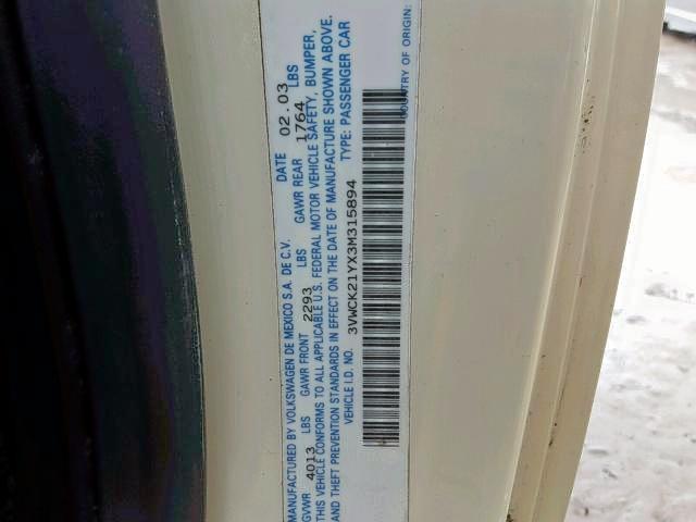 3VWCK21YX3M315894 - 2003 VOLKSWAGEN NEW BEETLE კრემისფერი ფოტო 10