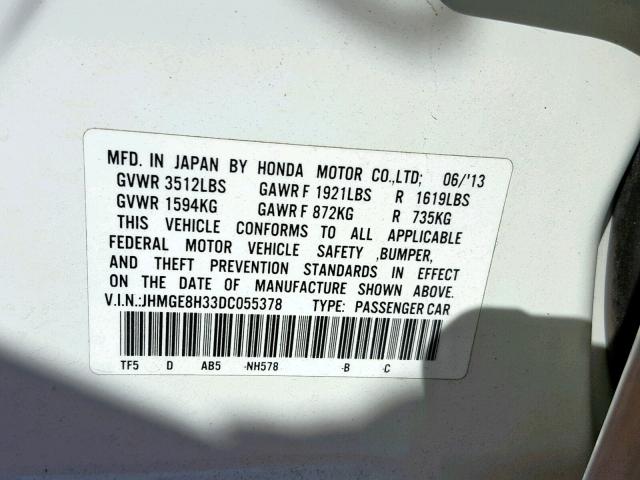 JHMGE8H33DC055378 - 2013 HONDA FIT WHITE photo 10