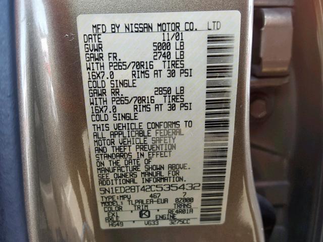 5N1ED28T42C535432 - 2002 NISSAN XTERRA XE TAN photo 10