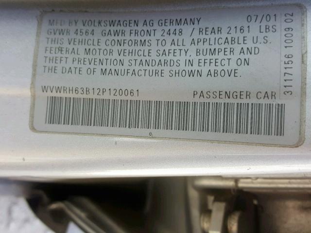 WVWRH63B12P120061 - 2002 VOLKSWAGEN PASSAT GLX SILVER photo 10