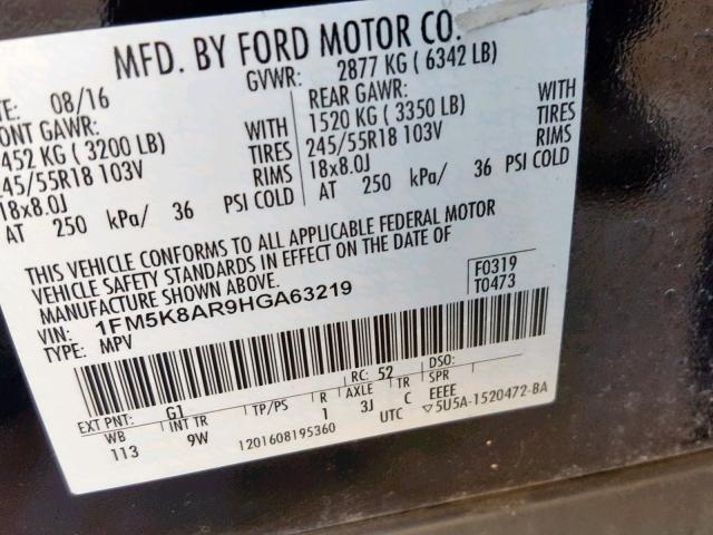 1FM5K8AR9HGA63219 - 2017 FORD EXPLORER P TWO TONE photo 10