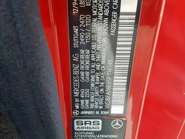 WDBFA76E6SF114148 - 1995 MERCEDES-BENZ SL 600 RED photo 10