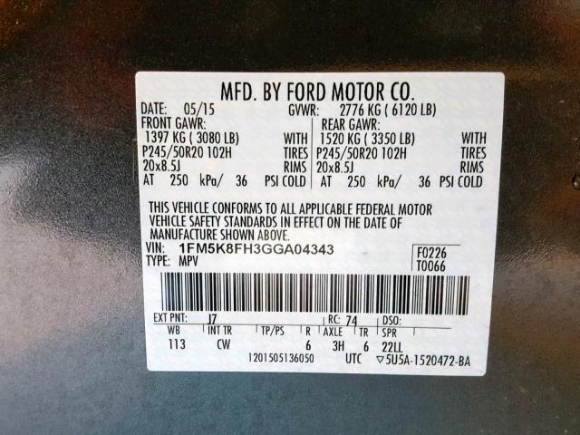 1FM5K8FH3GGA04343 - 2016 FORD EXPLORER L CHARCOAL photo 10