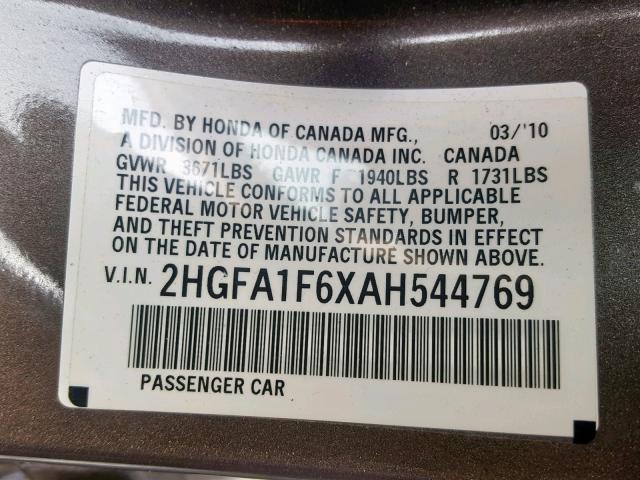 2HGFA1F6XAH544769 - 2010 HONDA CIVIC LX-S Qəhvəyi foto 10