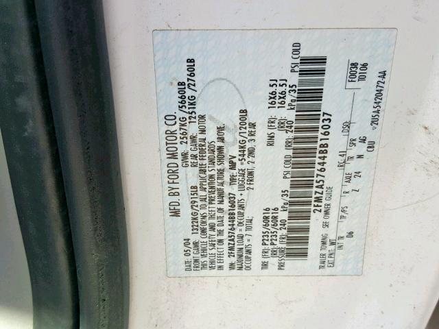 2FMZA57644BB16037 - 2004 FORD FREESTAR S WHITE photo 10