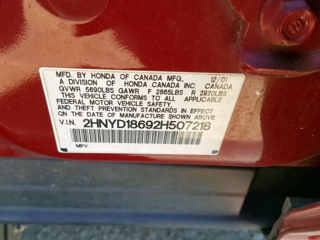 2HNYD18692H507218 - 2002 ACURA MDX TOURIN RED photo 10