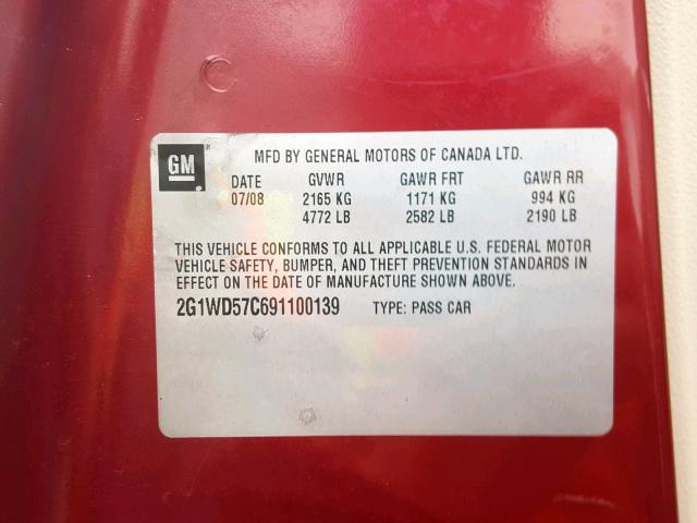 2G1WD57C691100139 - 2009 CHEVROLET IMPALA SS RED photo 10