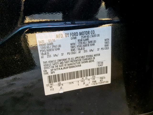 2FMTK4J83FBB83058 - 2015 FORD EDGE SEL BLACK photo 10