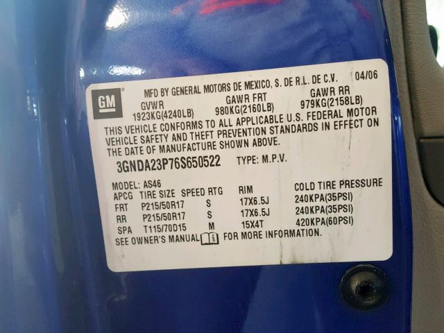 3GNDA23P76S650522 - 2006 CHEVROLET HHR LT BLUE photo 10