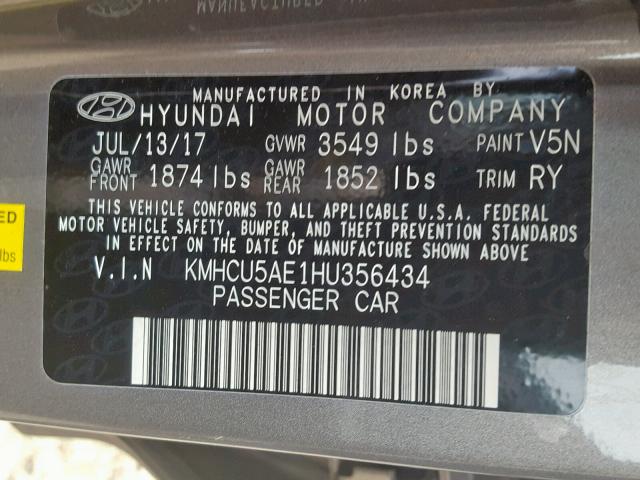 KMHCU5AE1HU356434 - 2017 HYUNDAI ACCENT SPO GRAY photo 10