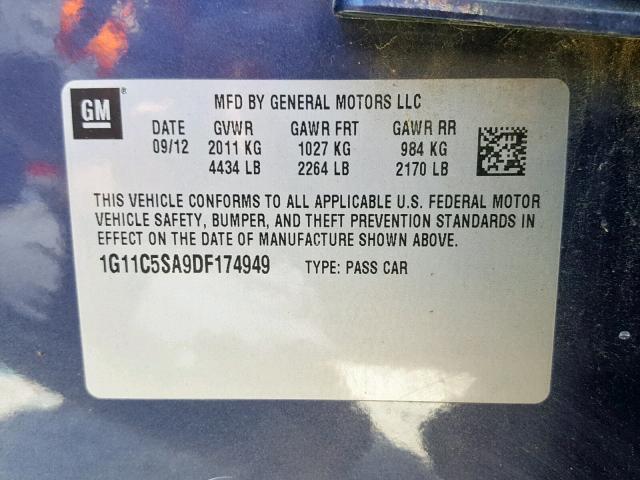 1G11C5SA9DF174949 - 2013 CHEVROLET MALIBU 1LT 灰色 照片 10