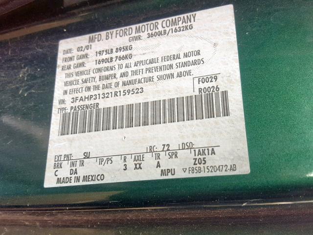 3FAHP31321R159523 - 2001 FORD FOCUS ZX3 GREEN photo 10