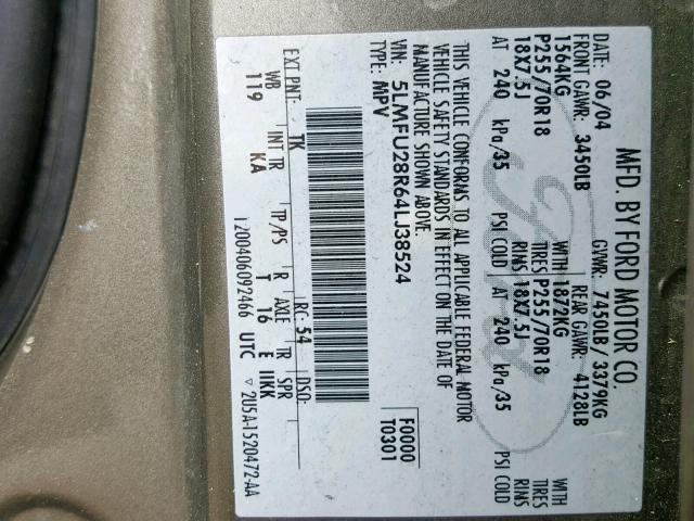 5LMFU28R64LJ38524 - 2004 LINCOLN NAVIGATOR Qəhvəyi foto 10