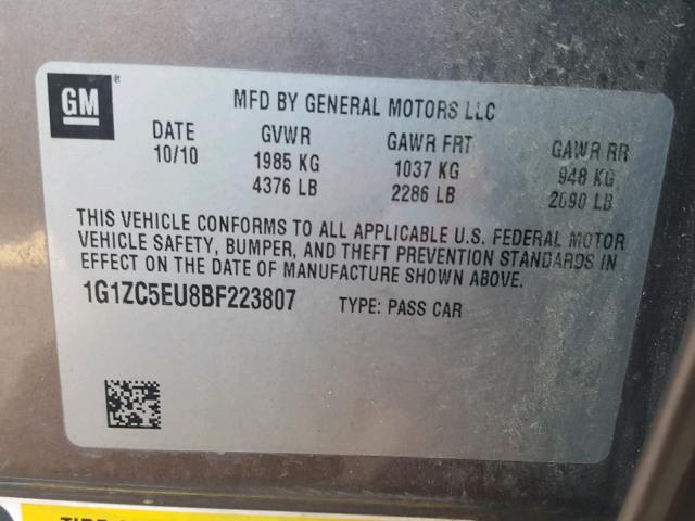 1G1ZC5EU8BF223807 - 2011 CHEVROLET MALIBU 1LT 石墨色 照片 10