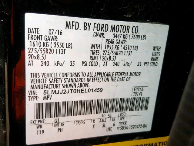 5LMJJ2JT0HEL01459 - 2017 LINCOLN NAVIGATOR შავი ფოტო 10