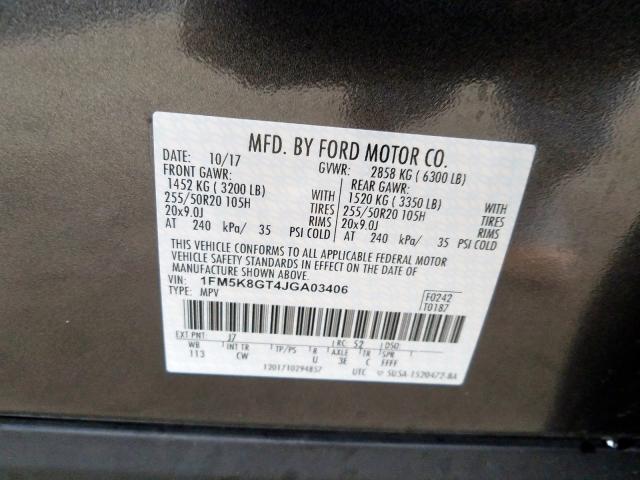 1FM5K8GT4JGA03406 - 2018 FORD EXPLORER SPORT  photo 10