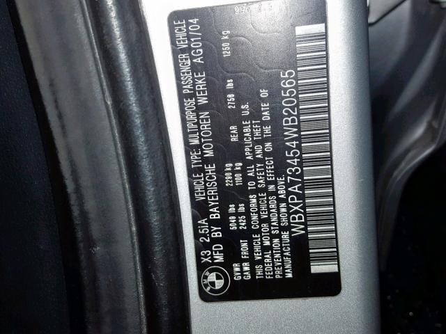 WBXPA73454WB20565 - 2004 BMW X3 2.5I SILVER photo 10