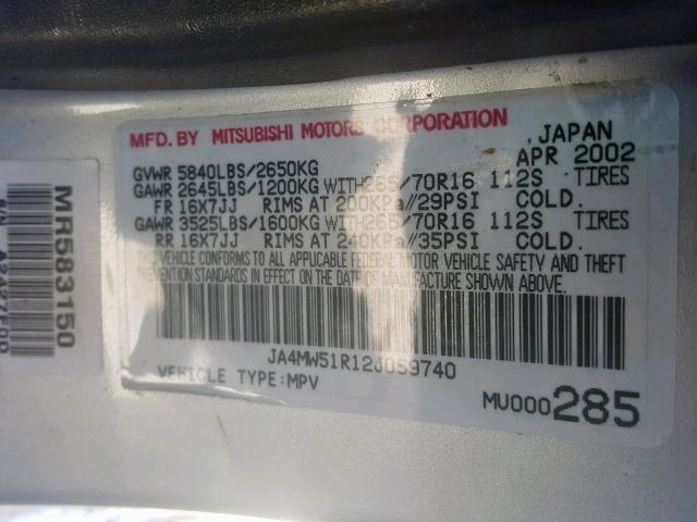 JA4MW51R12J059740 - 2002 MITSUBISHI MONTERO LI SILVER photo 10