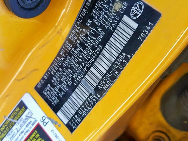 4T1BD1FK1CU044299 - 2012 TOYOTA CAMRY HYBR YELLOW photo 10