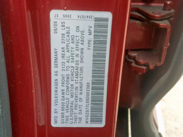 WVGZG77L55D082380 - 2005 VOLKSWAGEN TOUAREG 3. RED photo 10