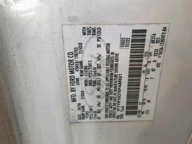 1FTYR10D76PA88921 - 2006 FORD RANGER WHITE photo 10