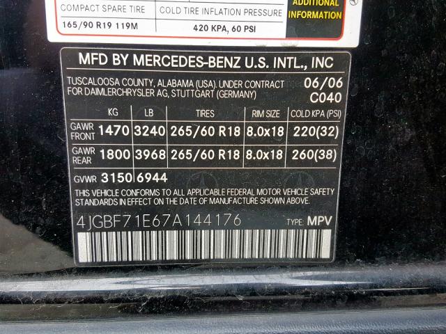 4JGBF71E67A144176 - 2007 MERCEDES-BENZ GL 450 4MA BLACK photo 10