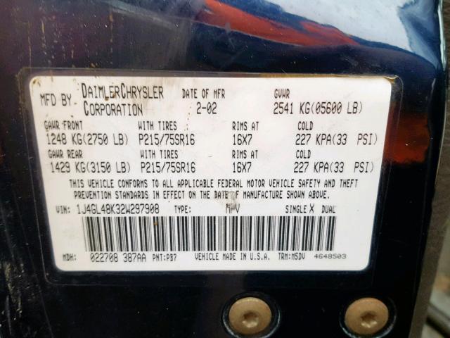 1J4GL48K32W297908 - 2002 JEEP LIBERTY SP BLUE photo 10