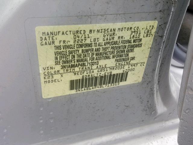 3N1AB6AP4BL713313 - 2011 NISSAN SENTRA 2.0 SILVER photo 10