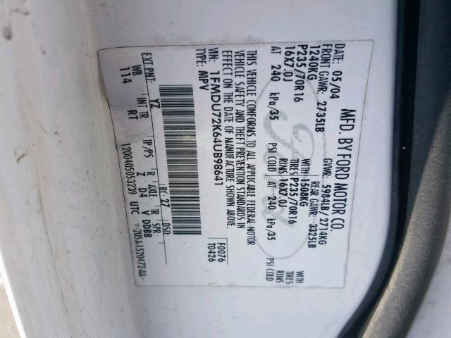 1FMDU72K64UB98641 - 2004 FORD EXPLORER X WHITE photo 10