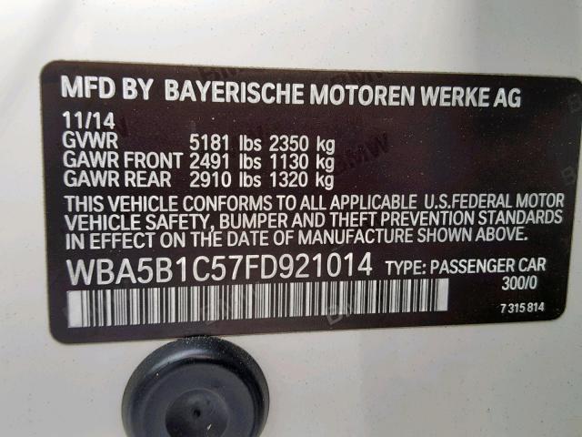 WBA5B1C57FD921014 - 2015 BMW 535 I WHITE photo 10