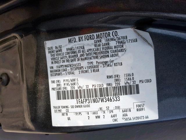 1FAFP31N07W346533 - 2007 FORD FOCUS ZX3 CHARCOAL photo 10