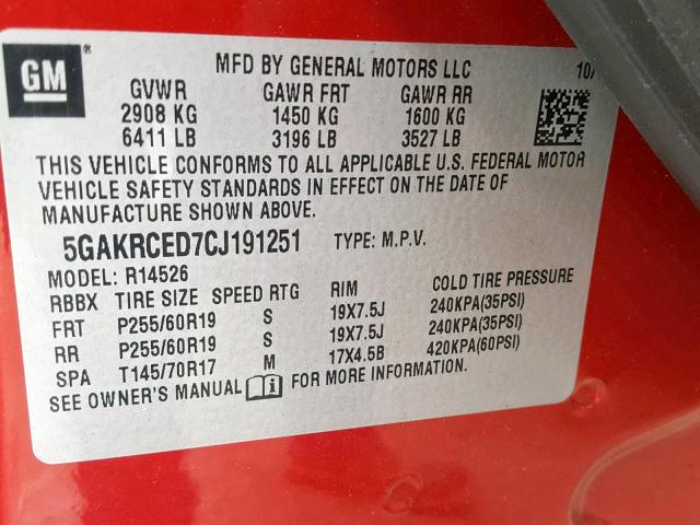 5GAKRCED7CJ191251 - 2012 BUICK ENCLAVE RED photo 10