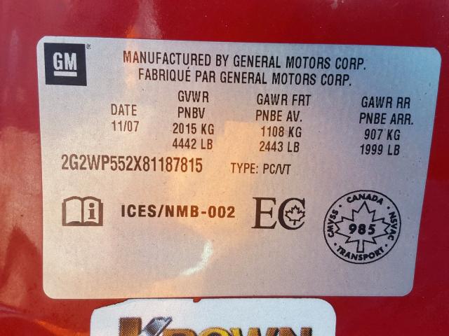2G2WP552X81187815 - 2008 PONTIAC GRAND PRIX RED photo 10