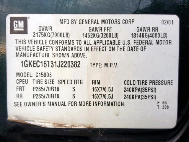 1GKEC16T31J220382 - 2001 GMC YUKON XL C GREEN photo 10