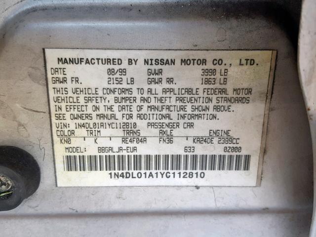 1N4DL01A1YC112810 - 2000 NISSAN ALTIMA XE SILVER photo 10