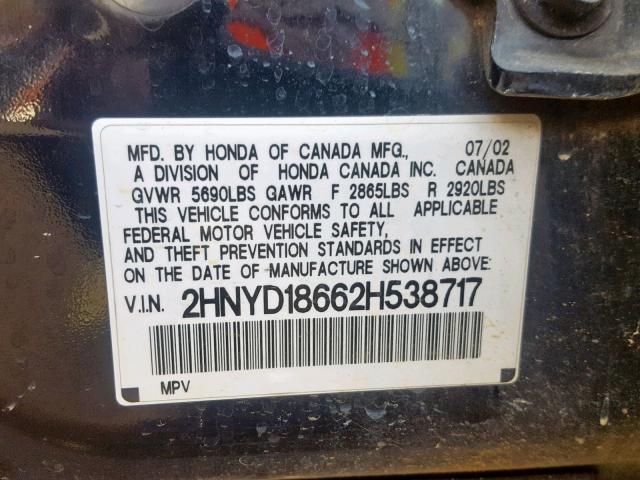 2HNYD18662H538717 - 2002 ACURA MDX TOURIN BLACK photo 10