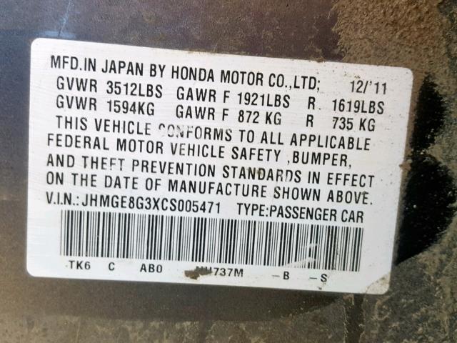 JHMGE8G3XCS005471 - 2012 HONDA FIT GRAY photo 10