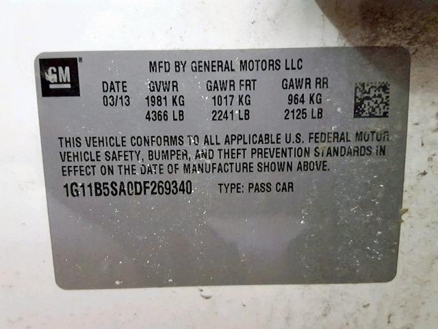 1G11B5SA0DF269340 - 2013 CHEVROLET MALIBU LS WHITE photo 10