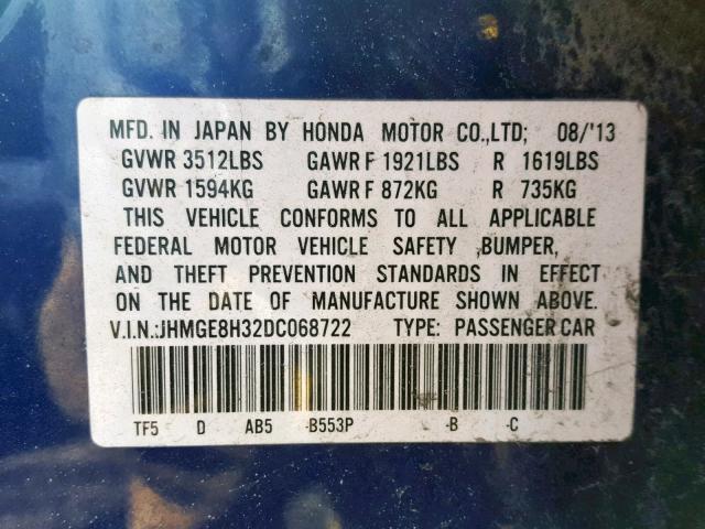 JHMGE8H32DC068722 - 2013 HONDA FIT BLUE photo 10