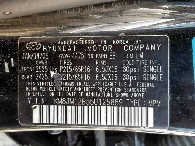 KM8JM12B55U125889 - 2005 HYUNDAI TUCSON GL BLACK photo 10