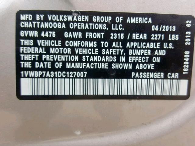 1VWBP7A31DC127007 - 2013 VOLKSWAGEN PASSAT SE GRAY photo 10