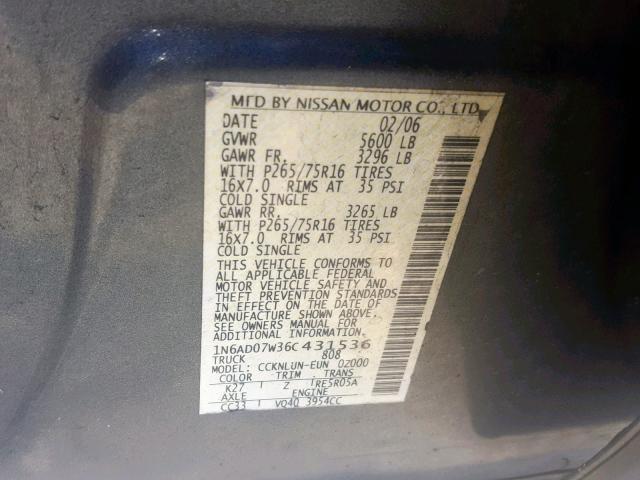 1N6AD07W36C431536 - 2006 NISSAN FRONTIER C GRAY photo 10