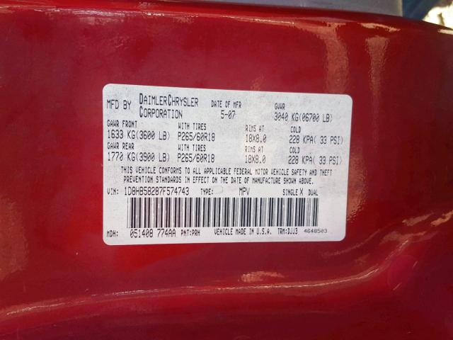 1D8HB58287F574743 - 2007 DODGE DURANGO LI RED photo 10