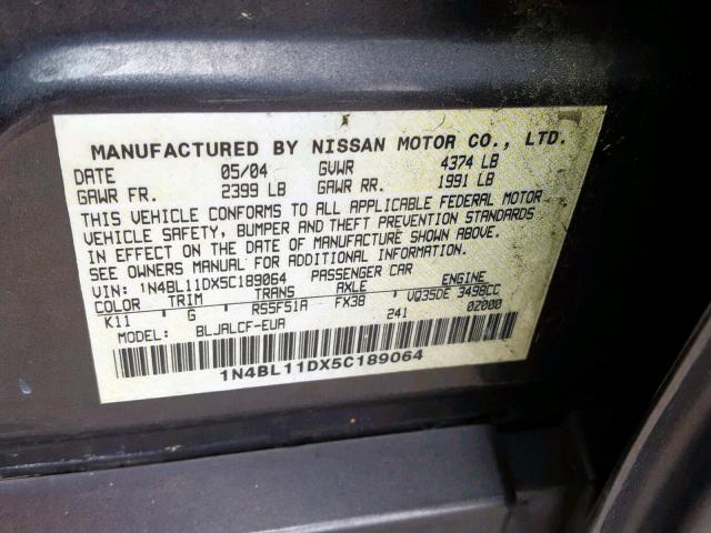 1N4BL11DX5C189064 - 2005 NISSAN ALTIMA SE GRAY photo 10