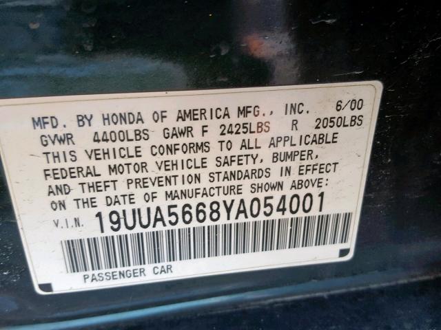 19UUA5668YA054001 - 2000 ACURA 3.2TL GREEN photo 10