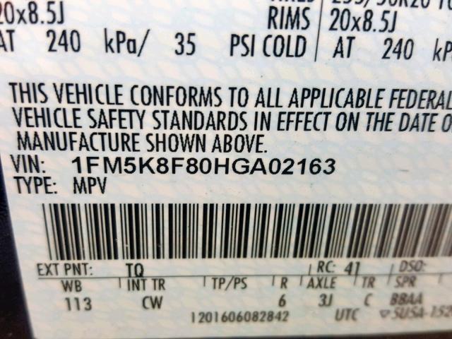 1FM5K8F80HGA02163 - 2017 FORD EXPLORER L GRAY photo 10